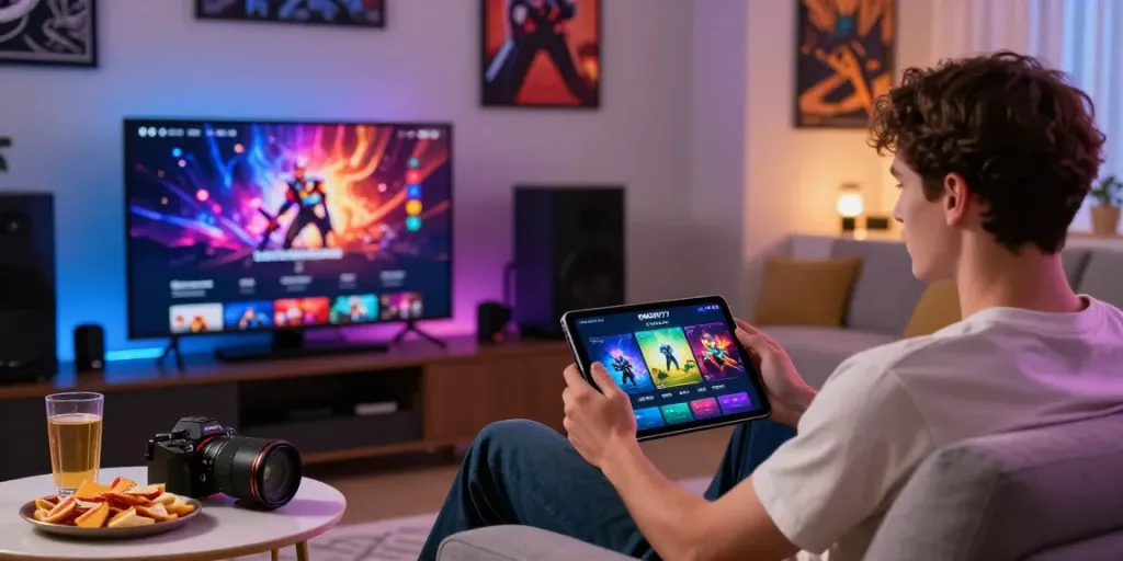 Interaksi pengguna dengan EMON777 di tablet, platform gaming online yang nyaman.