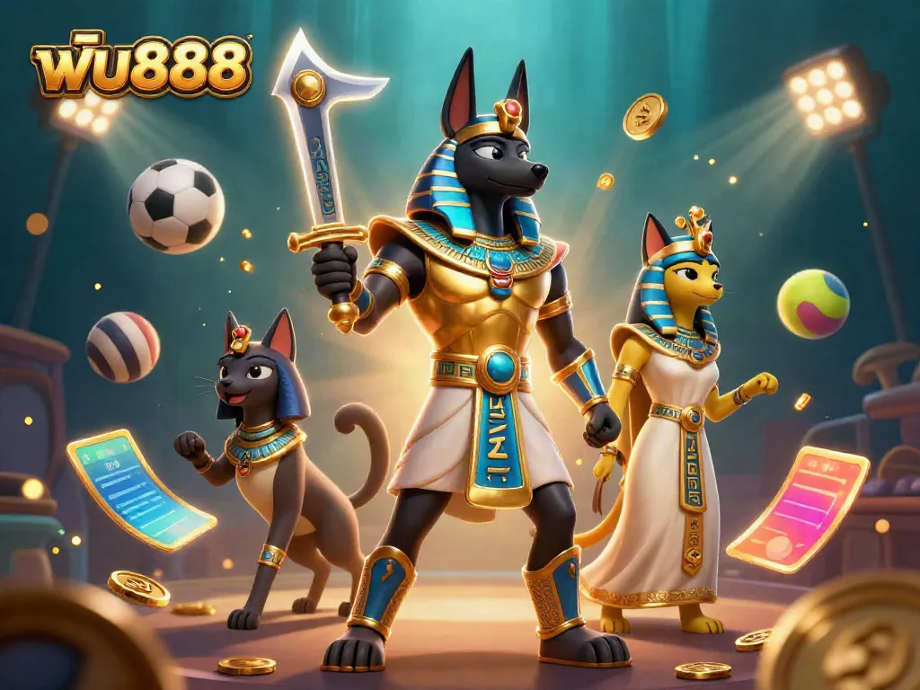 ฟัน888 offers dynamic sports betting action in a vibrant 3D illustration featuring Anubis and Bastet.