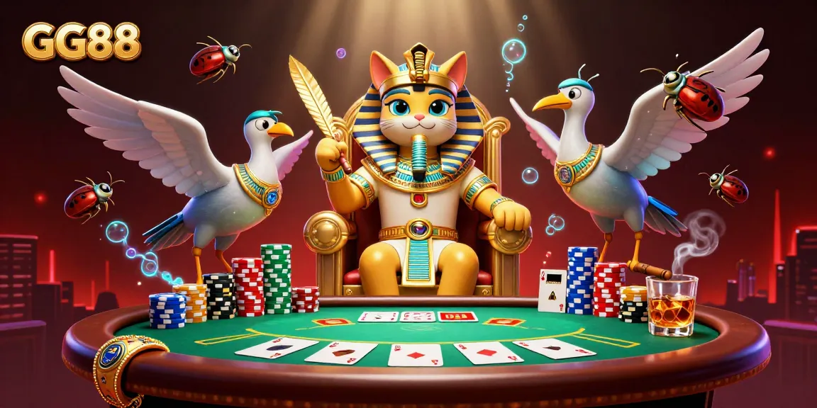 Engage in exciting poker gameplay with GG88 featuring Egyptian pharaoh cat and dynamic casino elements.