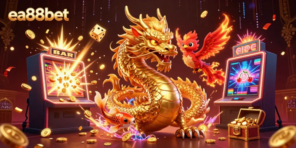 Experience high-stakes excitement with ea88bet's dynamic 3D casino scene showcasing vibrant dragons and slot machines.