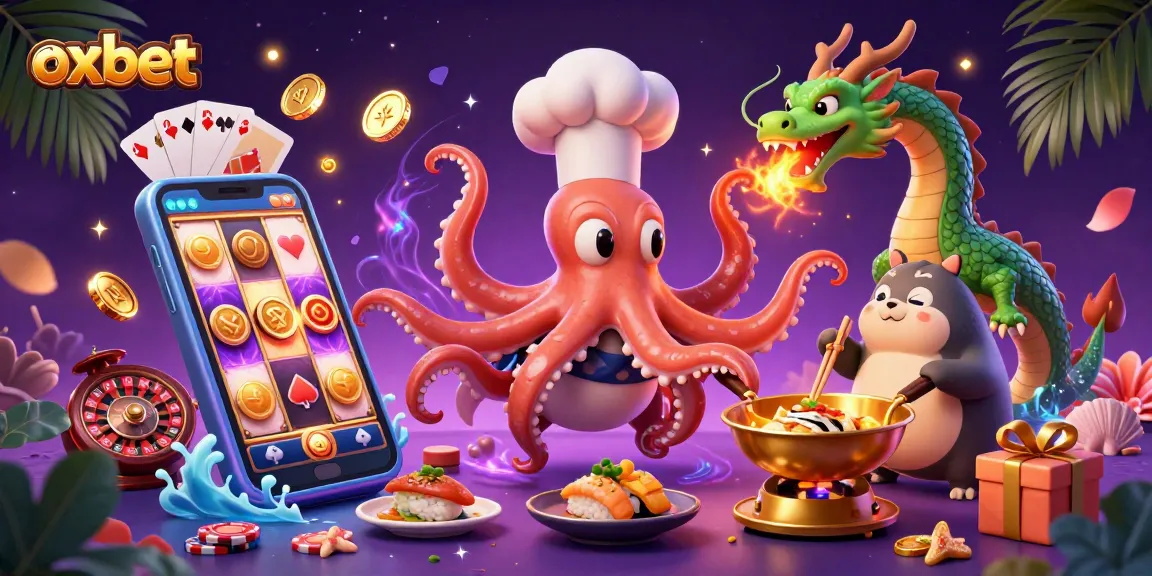 Experience excitement at oxbet with a vibrant 3D cartoon scene featuring an octopus chef, fiery dragon, and playful tanuki.