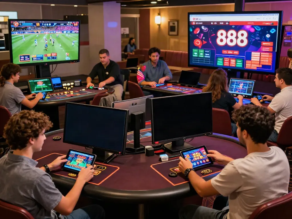 Dynamic online gambling scene highlighting red88 gaming activities in a lively lounge.