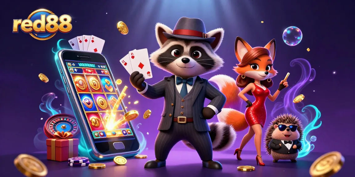 Experience excitement with red88's suave raccoon and charming fox in a dynamic casino scene.
