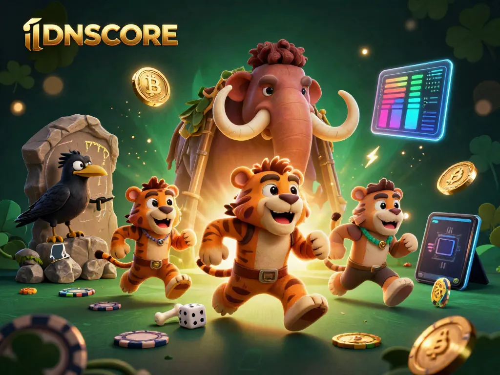 Experience IDNSCORE with 3D caveman and sabertooth tiger duo in a dynamic casino scene surrounded by crypto elements.