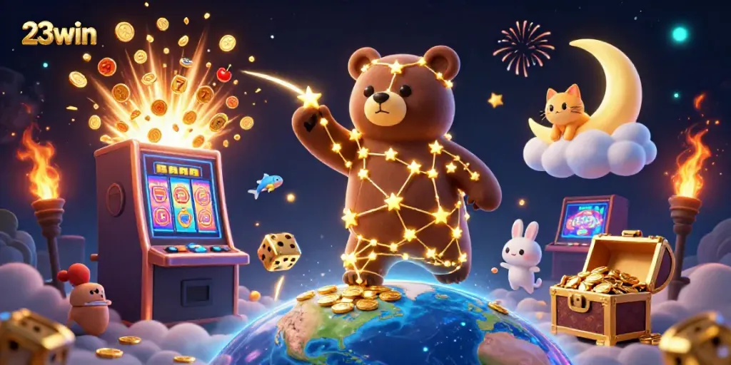 Experience excitement at 23win with a dynamic 3D casino adventure illustration featuring games and jackpots.