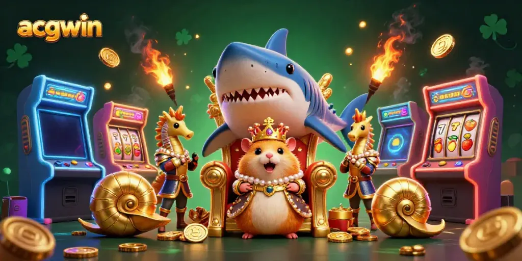 Experience the excitement at acgwin with a golden hamster king in a vibrant, action-packed casino scene.