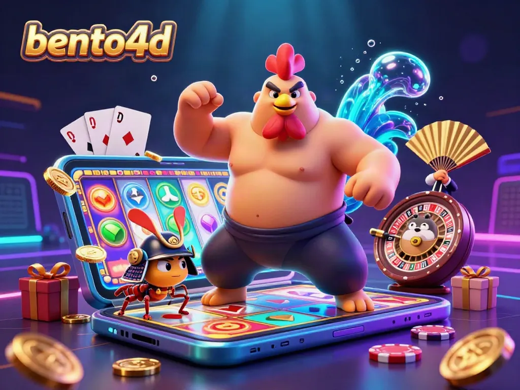 Engage with bento4d's thrilling slot games featuring an energetic sumo rooster and fighting cricket.