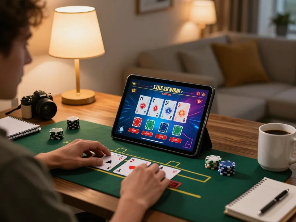Player engaging with abc8 live dealer blackjack on tablet at home, showcasing strategic gameplay