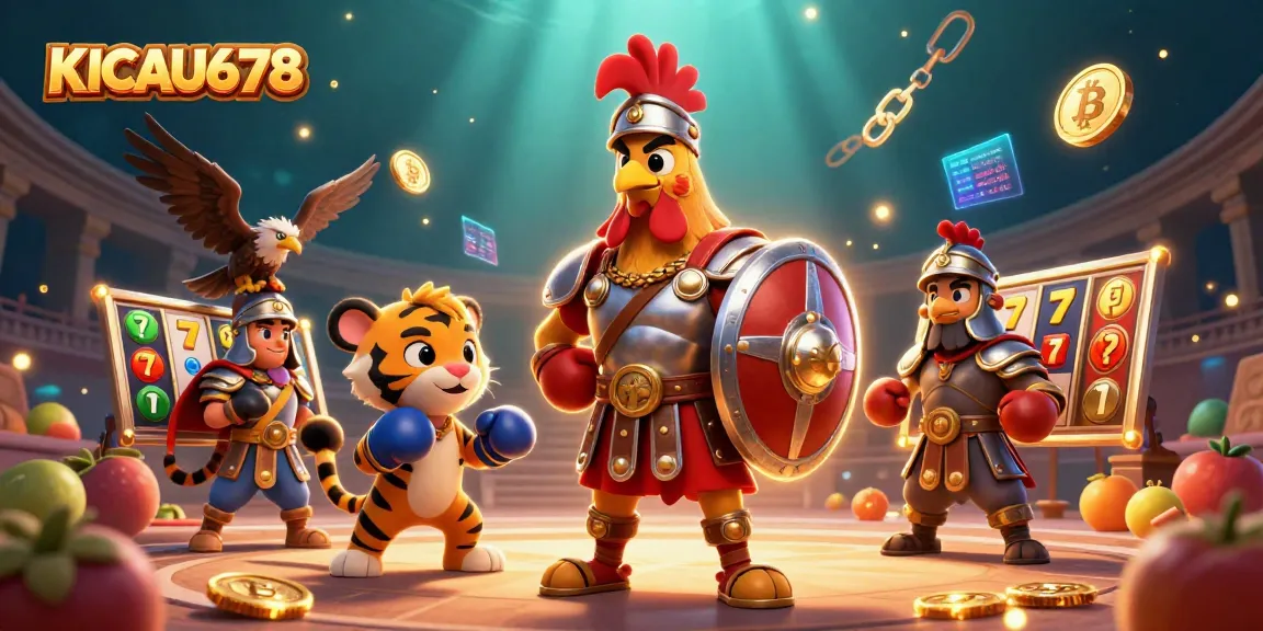 KICAU678 offers exciting virtual arena action with a gladiator rooster, tiger cub, and digital casino elements.