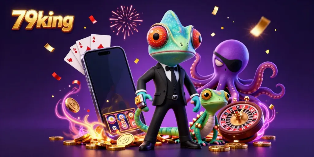 Engaging scene depicting 79king with vibrant slot game elements and dynamic characters in a casino atmosphere.
