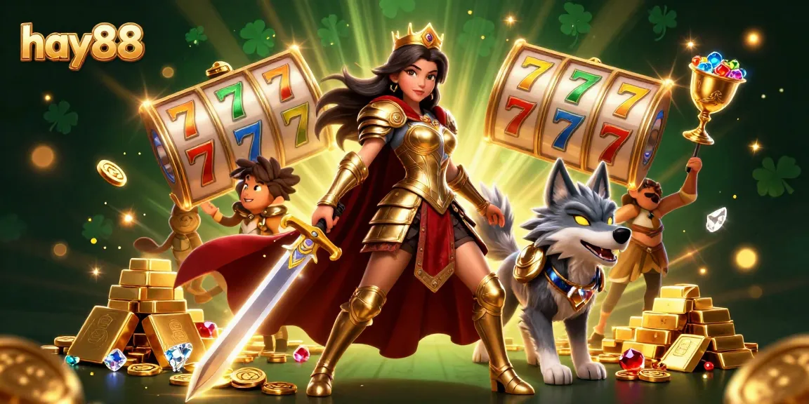 Spin to win at hay88 with vibrant slot reels and treasure in this stunning casino illustration.