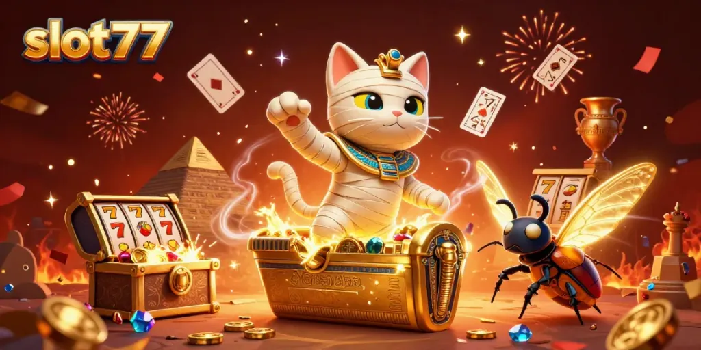 Permainan slot777 yang mengasyikkan dengan kucing mumi dan simbol berkilau dalam kasino bertema Mesir.