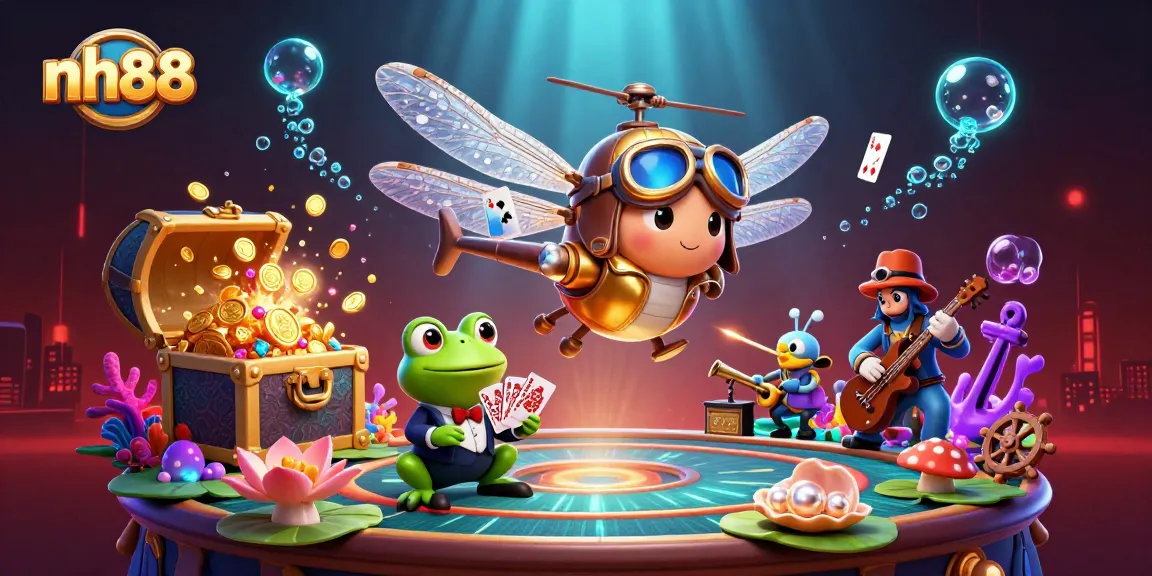 In the vibrant scene of NH88, a dragonfly helicopter pilot hovers over a lily pad casino while a frog dealer manages card games.