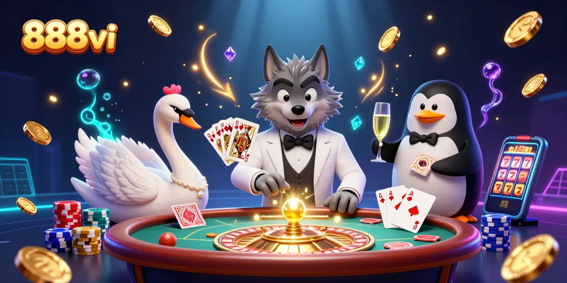 Experience the excitement of 888vi with colorful characters at a vibrant casino table