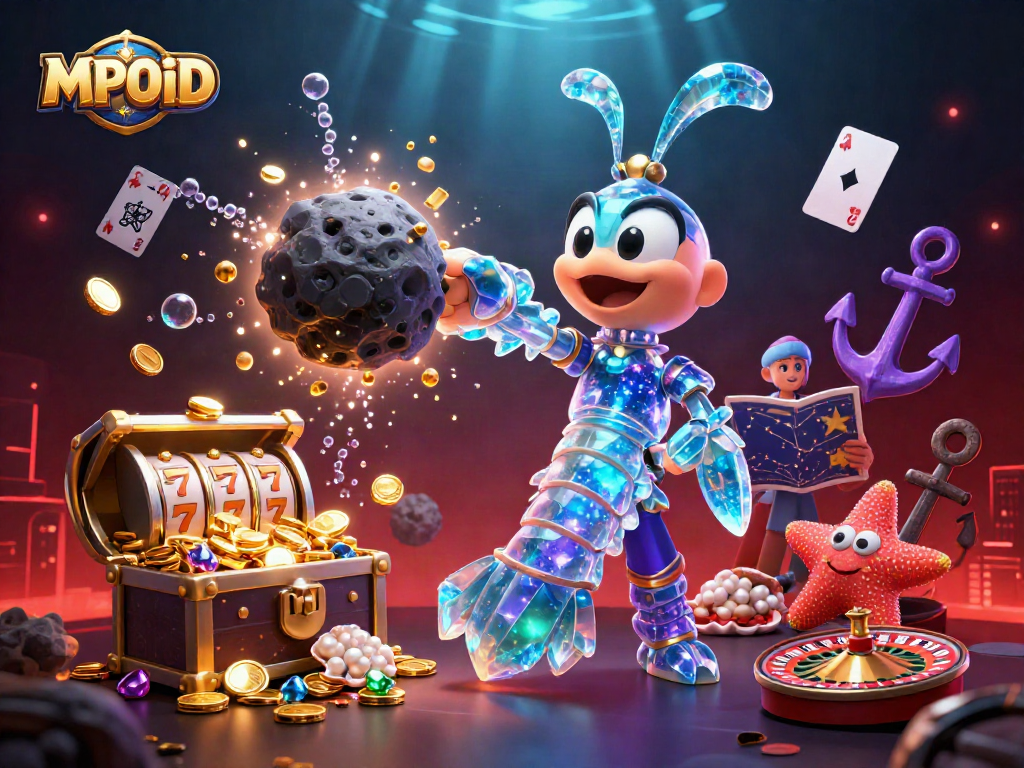 MPOID showcases a galactic samurai mantis shrimp amidst casino elements, exploding with gold and gems.