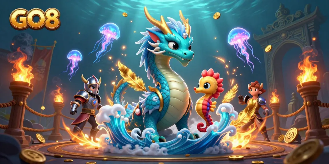 Experience the excitement of GO8 through vibrantly illustrated dragon and seahorse characters in a dynamic casino setting.