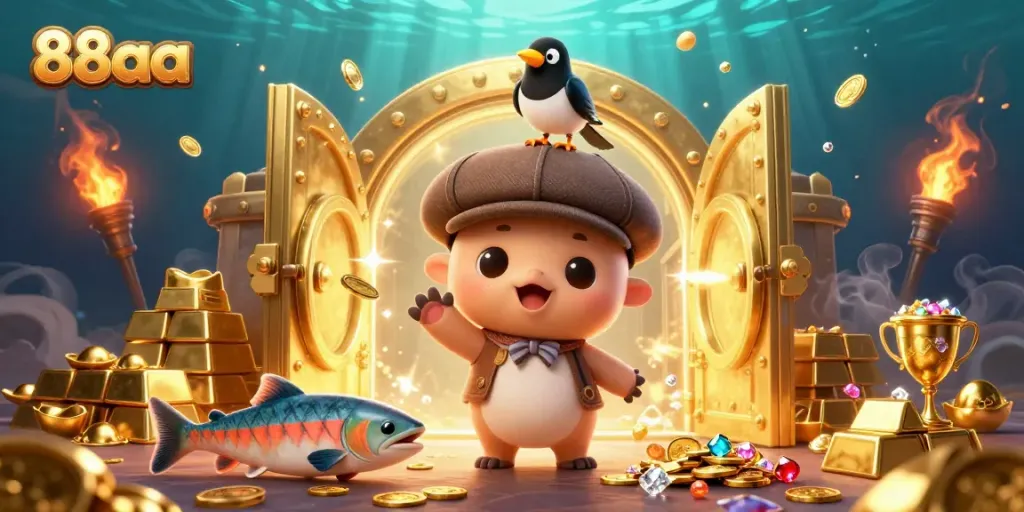 Engage with 88aa's exciting online gaming adventures featuring playful characters amidst rich treasure.