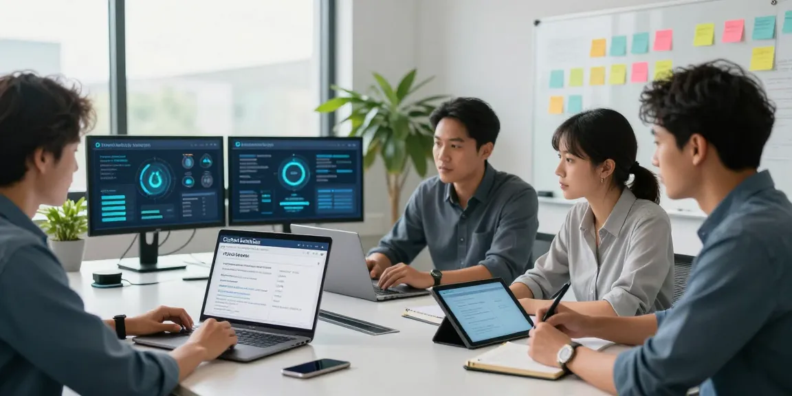 Cyber Essentials team collaborating in a modern office, focusing on cybersecurity compliance.