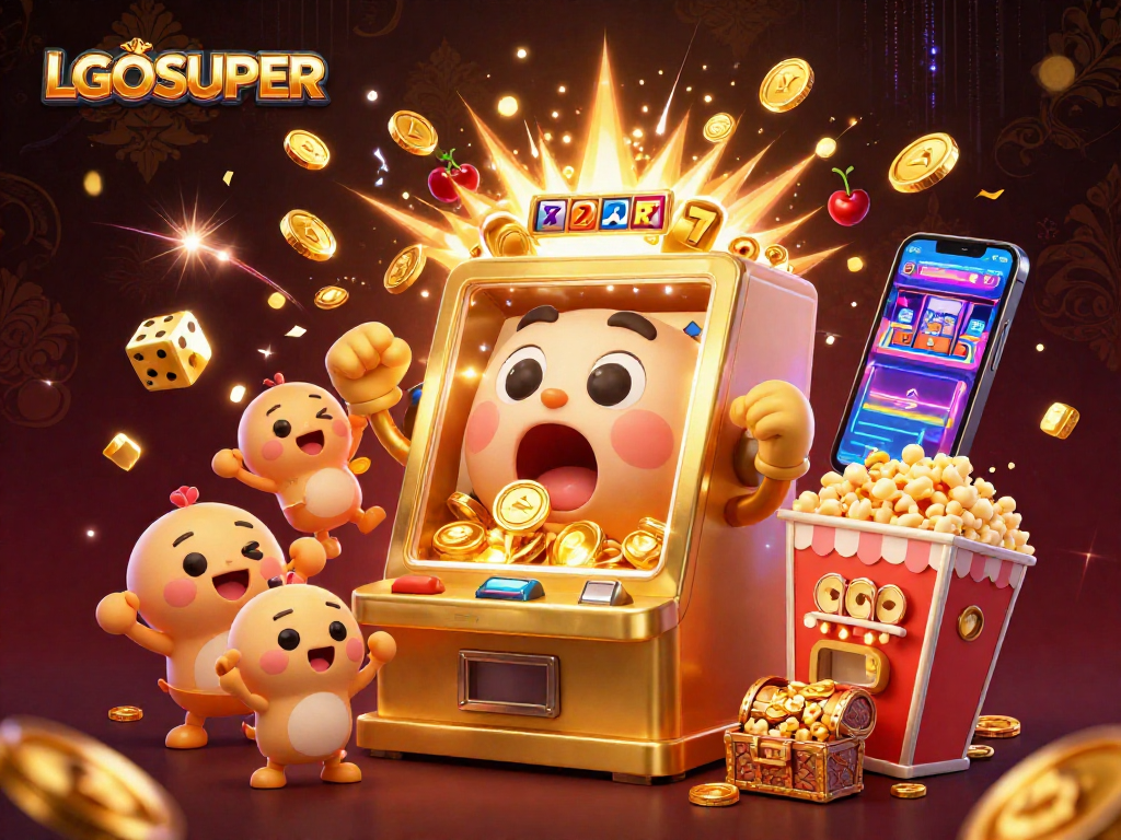 Experience the excitement of LGOSUPER with a lively scene of slot machines celebrating a jackpot victory.