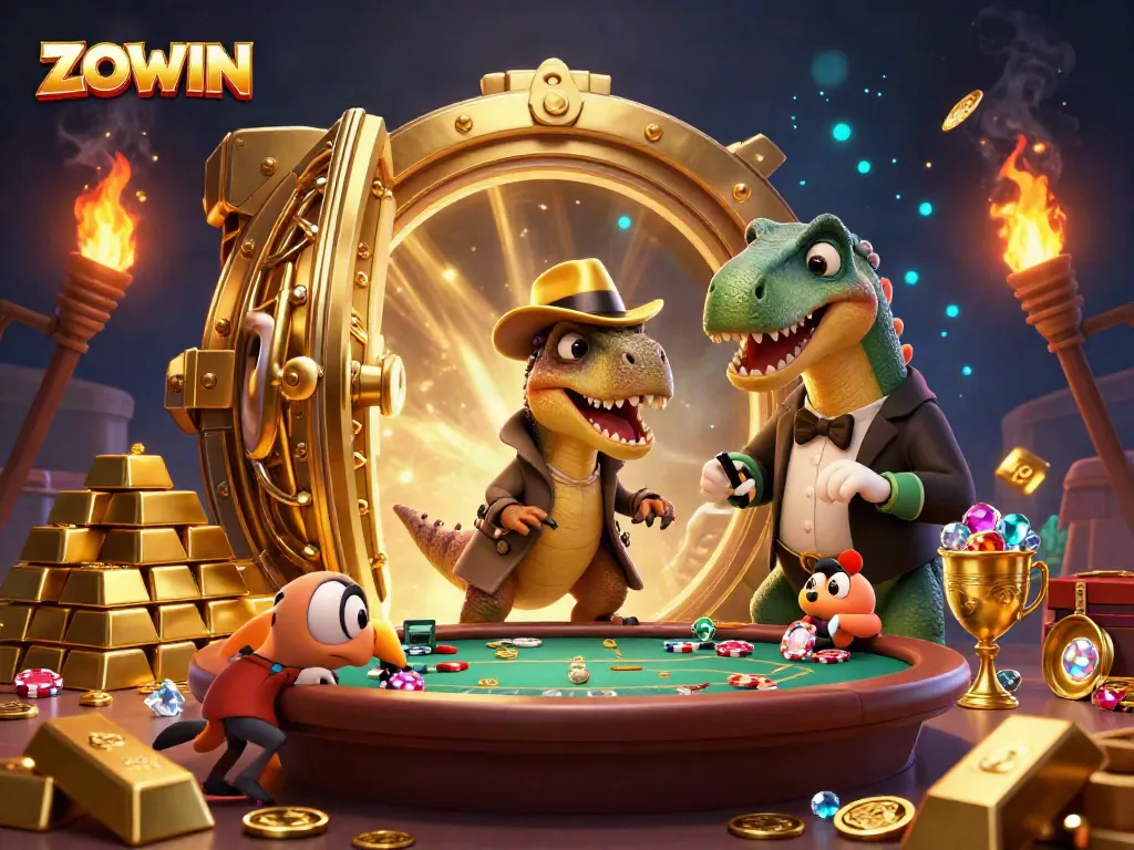 ZOWIN's thrilling casino scene with a velociraptor card counter, a suspicious stegosaurus, and a compy thief.