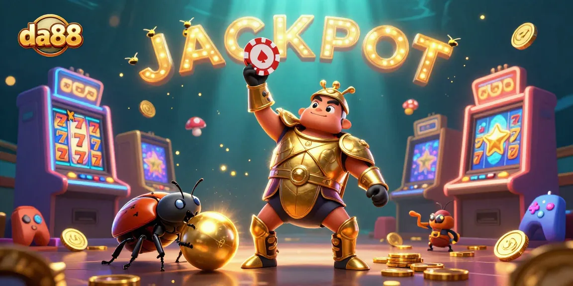 Spin to win with da88 as cartoon beetles celebrate a jackpot in a colorful casino setting.