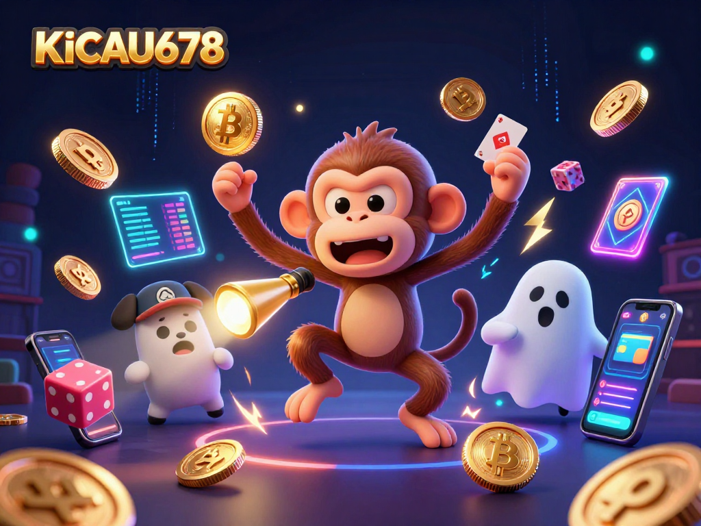KICAU678 showcases a lively casino scene featuring a playful poltergeist monkey and a curious ghost-hunter puppy in a thrilling digital illustration.