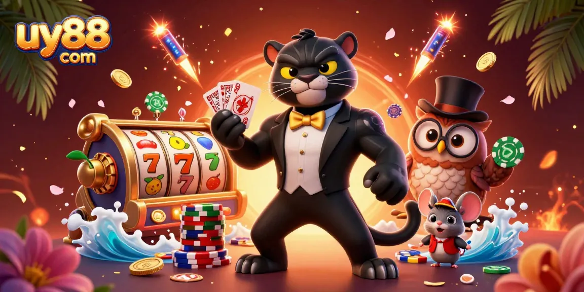 Spin the reels with uy88 com in a thrilling 3D casino scene featuring a tuxedo-clad panther.