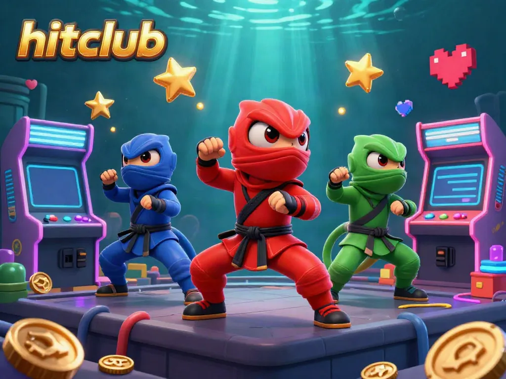 Experience gaming excitement with hitclub as ninja chameleons showcase martial arts amidst glowing arcade machines.