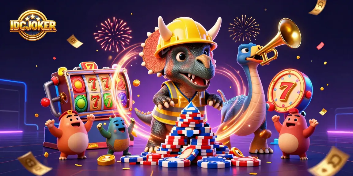 Engage with IDCJOKER's lively scene of a triceratops building poker chip pyramids, celebrating with festive gambling symbols.