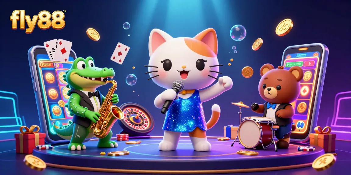 Experience thrilling gaming with Fly88's vibrant slots and casino atmosphere in a dynamic 3D illustration.