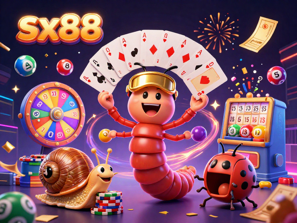 SX88 features a lively casino scene with a millipede dealer, snail high-roller, and exploding colorful game elements.