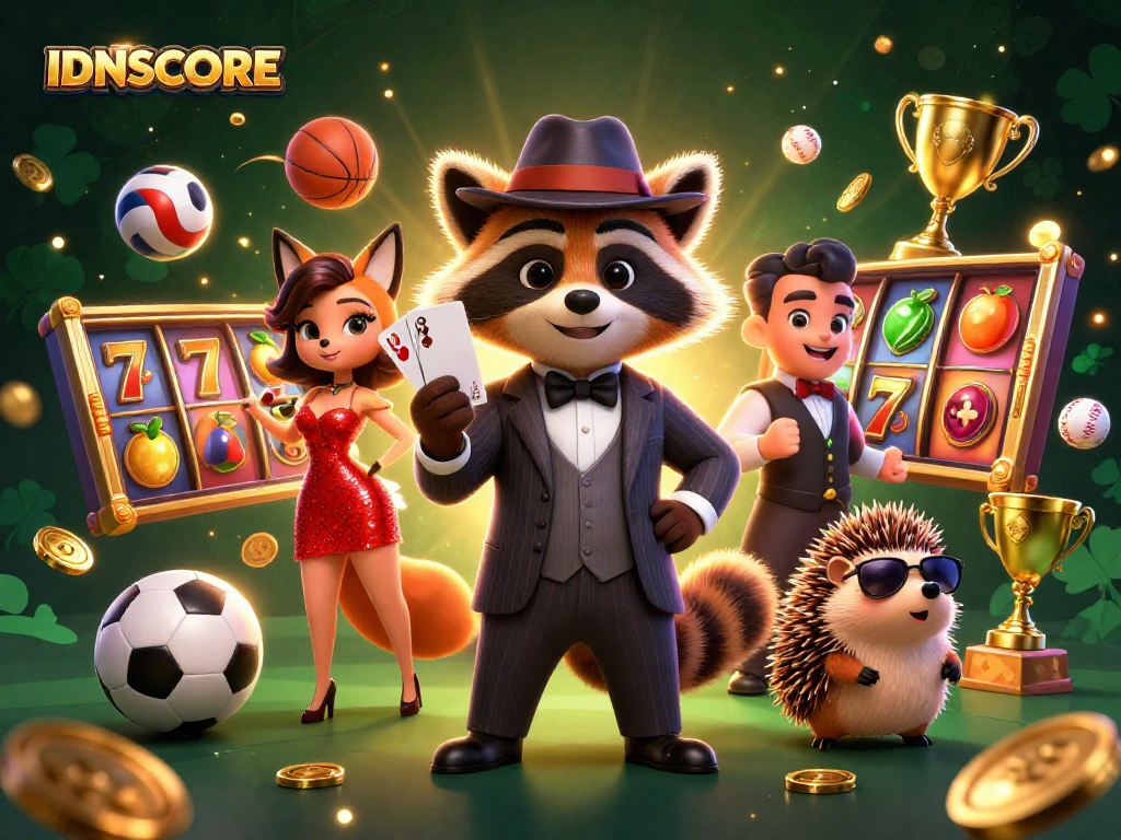 Engage with IDNSCORE in a vibrant casino scene showcasing slots, sports, and loyalty rewards.