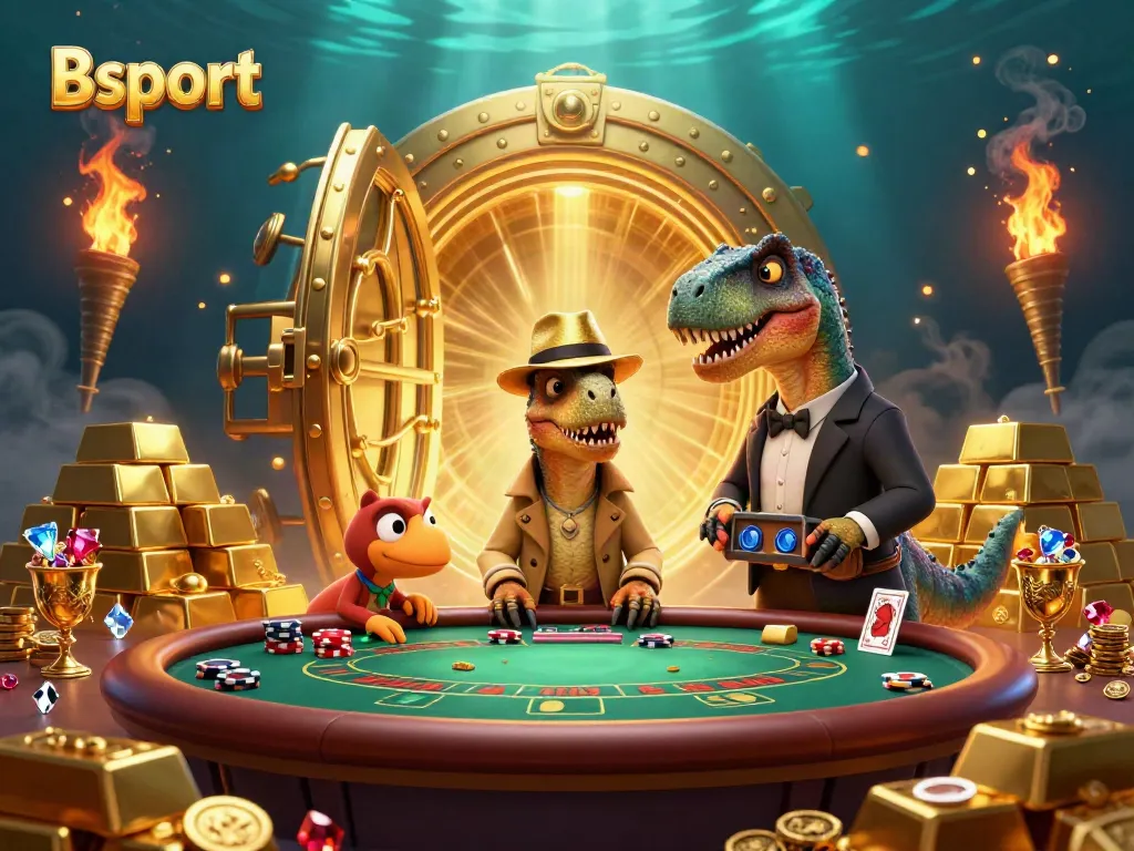 Bsport showcases a velociraptor at a gaming table, surrounded by riches and excitement in an animated casino.