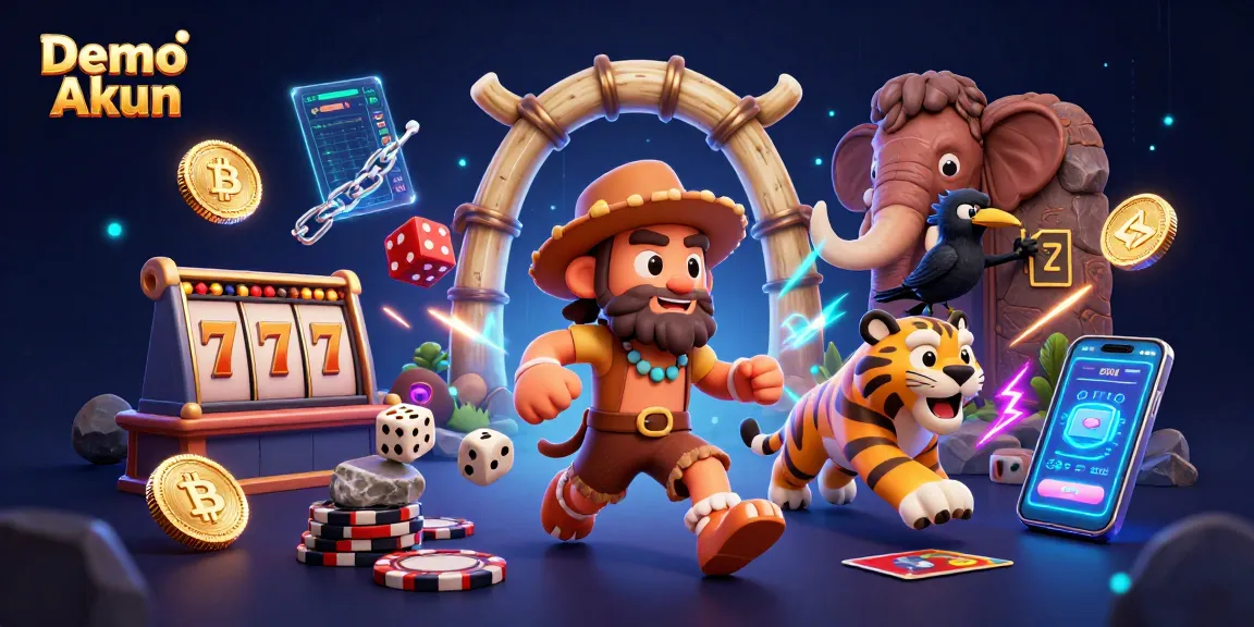 Spin the reels at Demo Akun featuring 3D animated cavemen and neon cryptocurrencies in a rich casino scene.