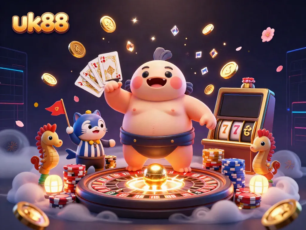 Engage with the uk88 underwater casino scene featuring fugu, catfish, and seahorse amid golden coins and roulette elements.