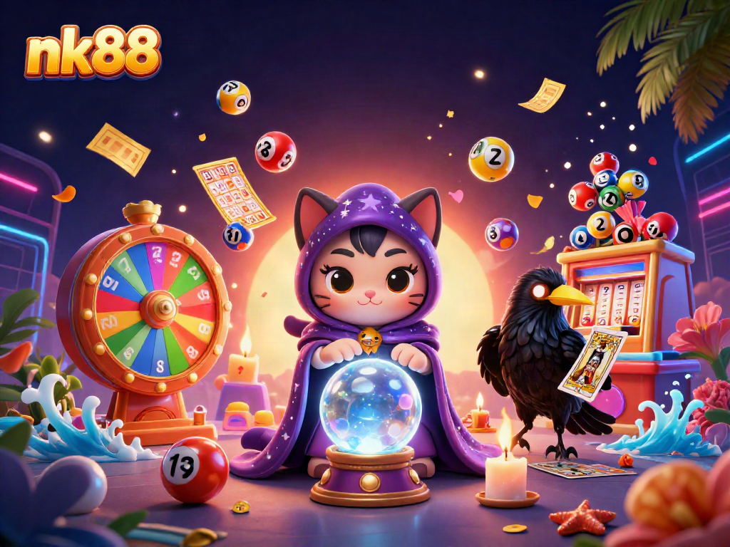 Engage with exciting games at nk88 featuring a mystical cat, vibrant lottery elements, and rich casino visuals.