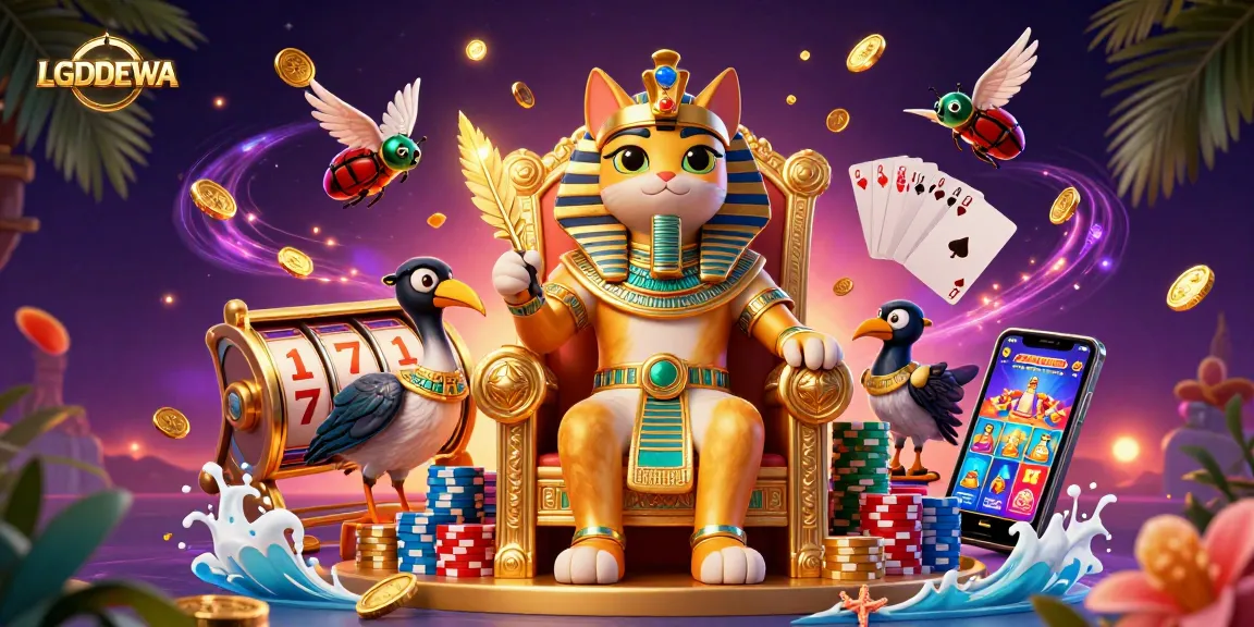 Engage with LGODEWA's vibrant casino world featuring pharaoh cat, coins, and slot machine reels.