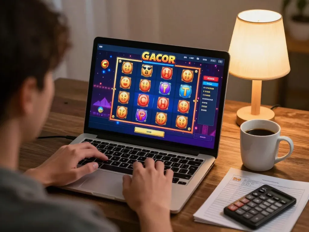 Engaged player exploring Slot Gacor gaming experience on laptop with cozy home setup.