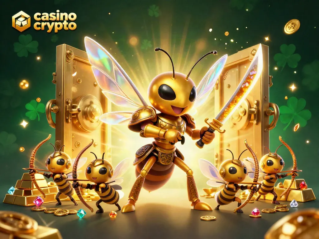 Gioca sui casino crypto con un'illustrazione vivace e dorata che esprime avventura e ricchezza.