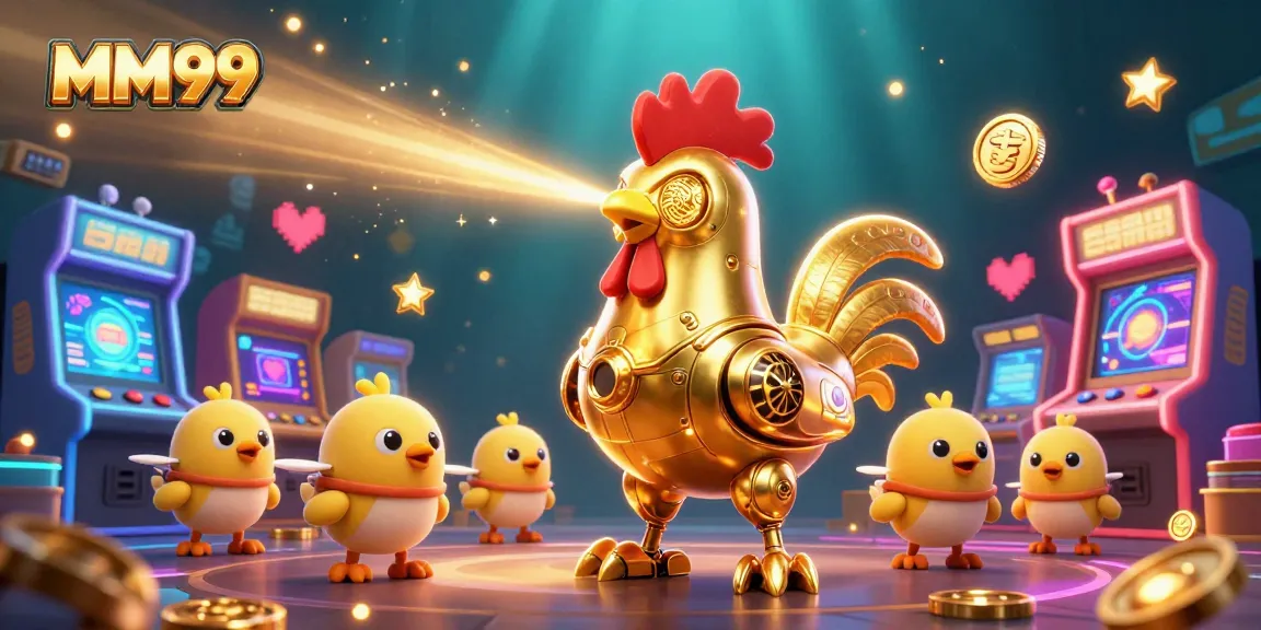Engage in MM99's colorful 3D gaming universe featuring a golden rooster robot and arcade elements.