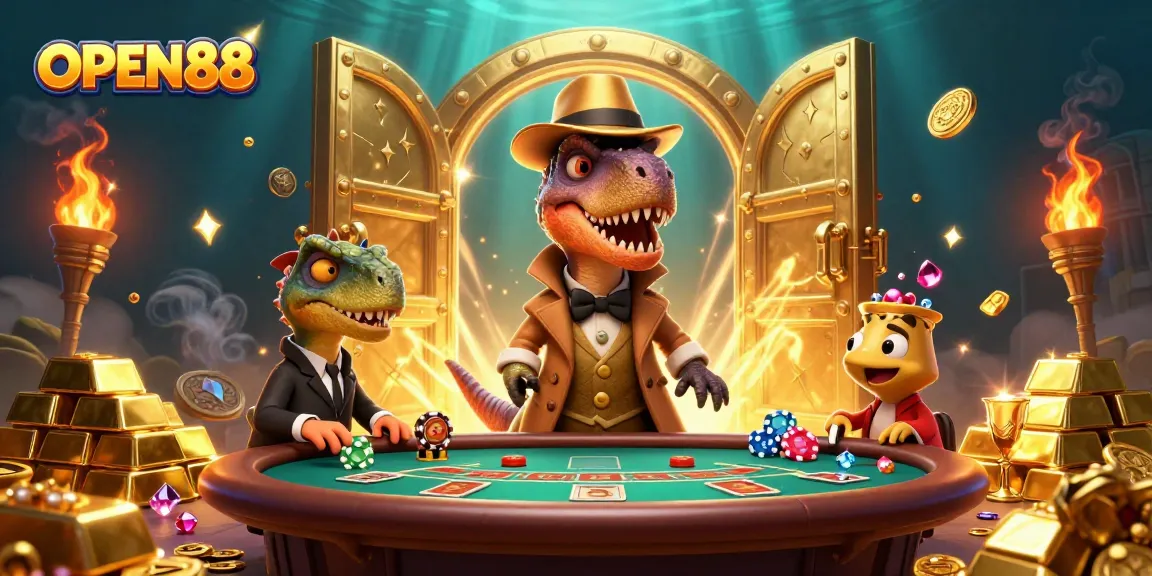 Engage in thrilling gameplay at OPEN88 with a cartoon velociraptor, pit boss, and pickpocketer at a blackjack table.