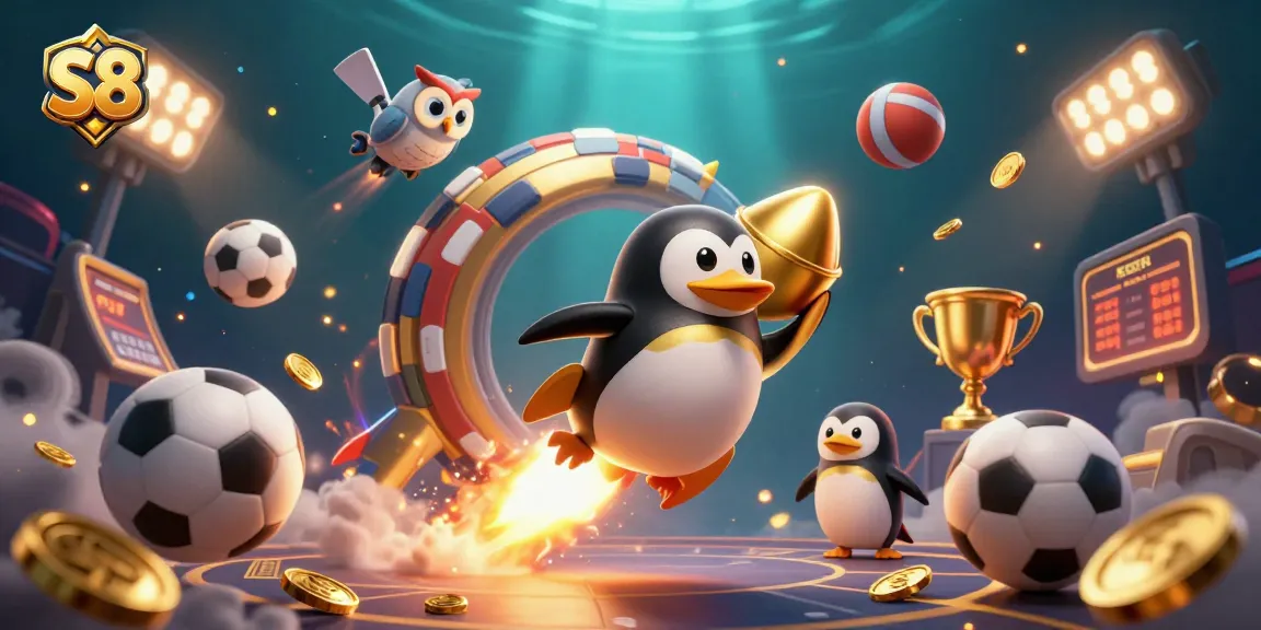S8 gamers activate their luck with golden penguin and vibrant sports-themed elements.