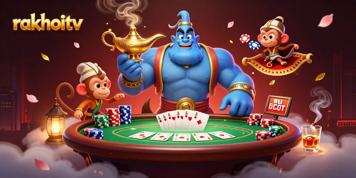 Experience the thrill of rakhoitv with a dynamic scene featuring a genie and poker elements.