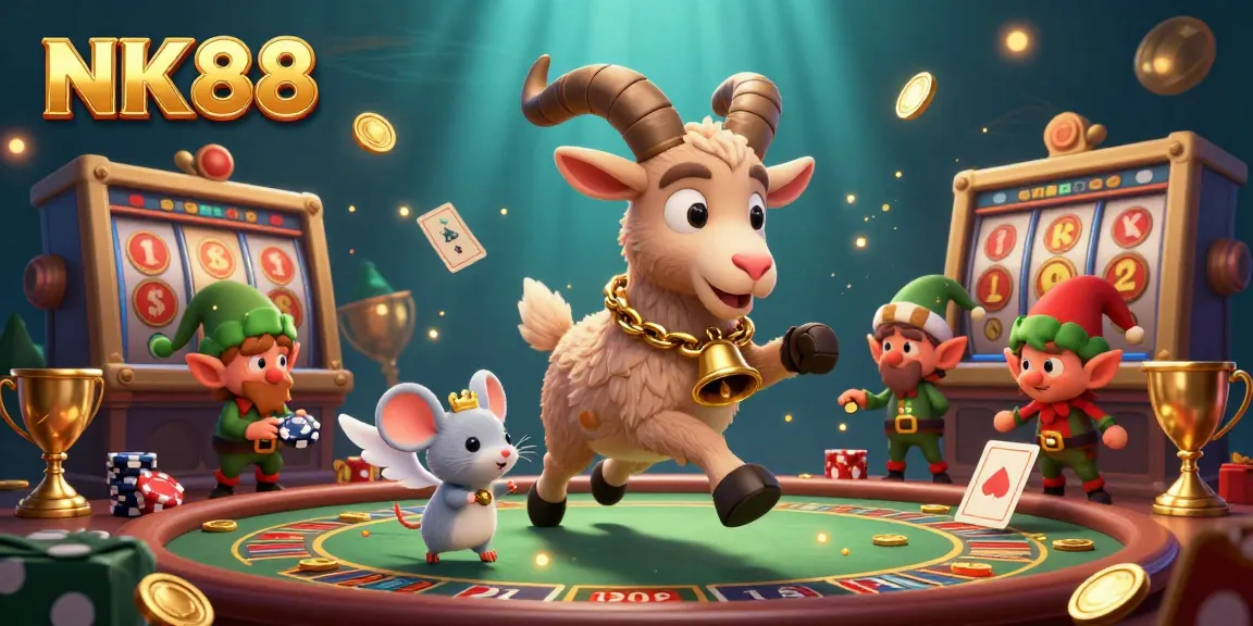 Engage with NK88's dynamic casino scene showcasing festive Krampus and playful gremlins amidst gaming excitement.