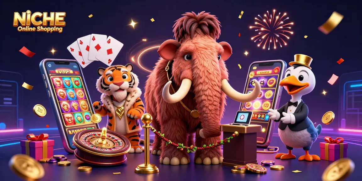 Experience NICHE Online Shopping with vibrant gambling characters and lively elements, showcasing slots and casino excitement.