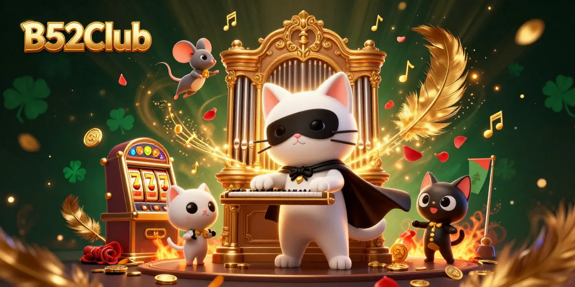 B52Club presents an exciting casino scene with a masked cat playing an organ, surrounded by dynamic slot machine elements and gold coins.