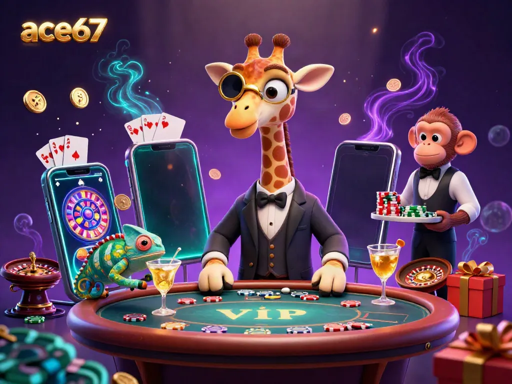 Experience the excitement of ace67 with a high-roller giraffe at a poker table surrounded by vibrant gambling elements.