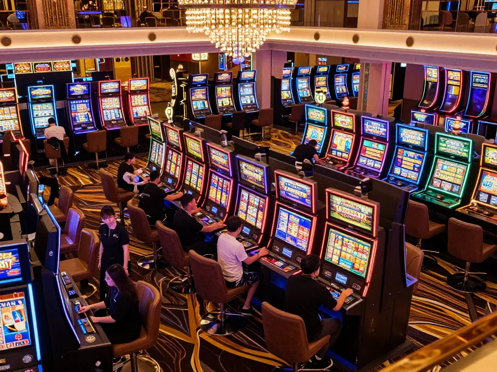 Engaged players at Slot Thailand celebrating a jackpot win at colorful slot machines in a vibrant casino.