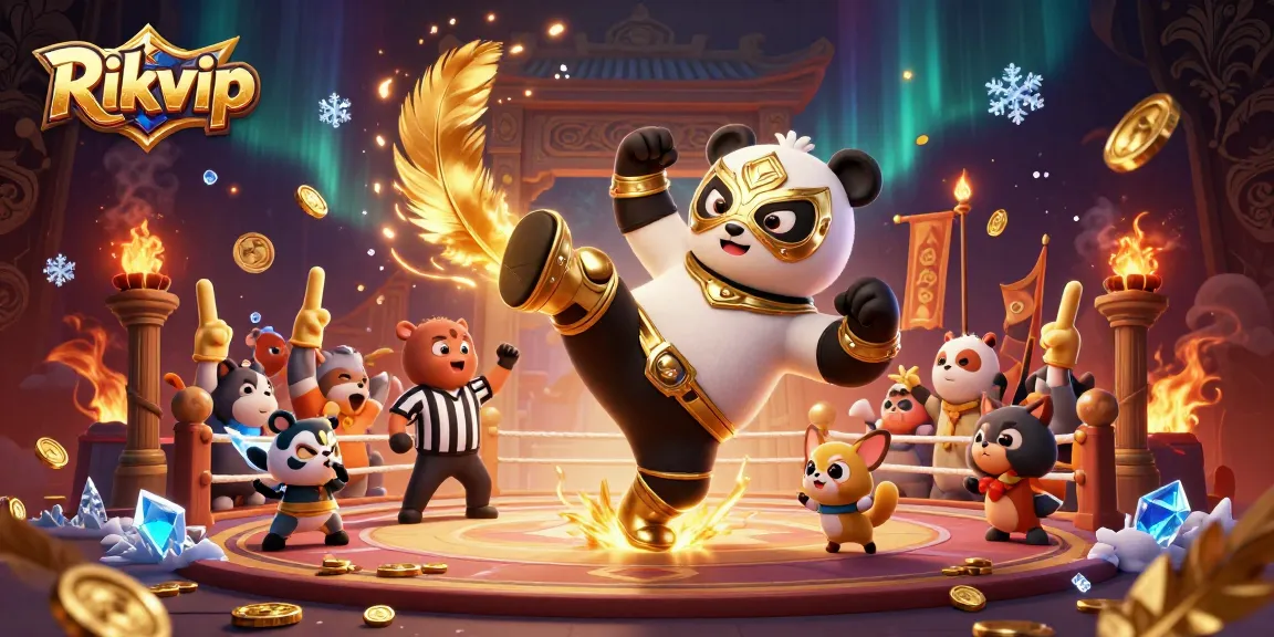 Engage in thrilling games at Rikvip with a panda wrestler taking a flying kick amidst a vibrant casino atmosphere.