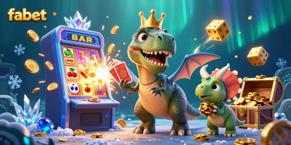 Engage with fabet as a friendly T-Rex shuffles cards while gold chips stack up around him.